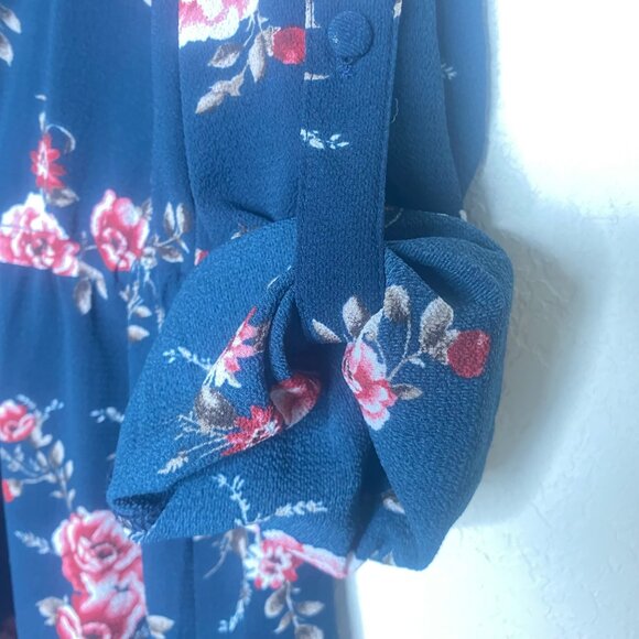 Andree By Unit Floral Navy Dress Womens L Button-Front Roll Tab Sleeves Casual - Picture 6 of 14